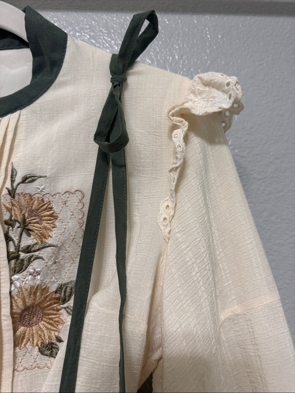 Cream & Olive Floral Embroidered Long Sleeve Dress with Suspender Skirt - Picture 7 of 16